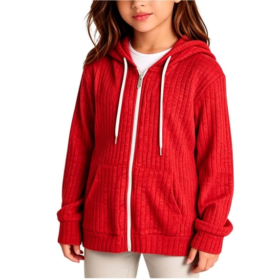 Cethrio Girls Zip up Sweaters, Casual Long Sleeve Hooded Lightweight Fall Outerwear Red Size 11-12 T