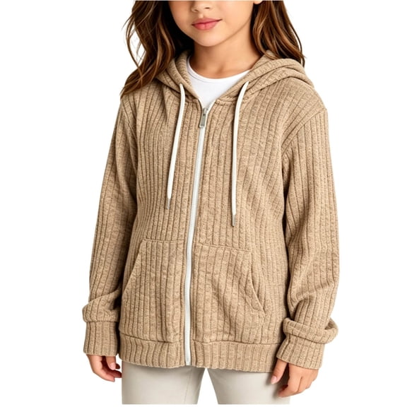 Cethrio Girls Zip up Sweaters Size 14-16, Casual Hooded Lightweight Long Sleeve Fall Outerwear Khaki