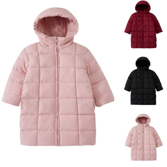 Cethrio Girls Zipper Puffer Jacket, Mid-length Hooded Warm Windproof Kids Winter Coats Pink Size 7-8