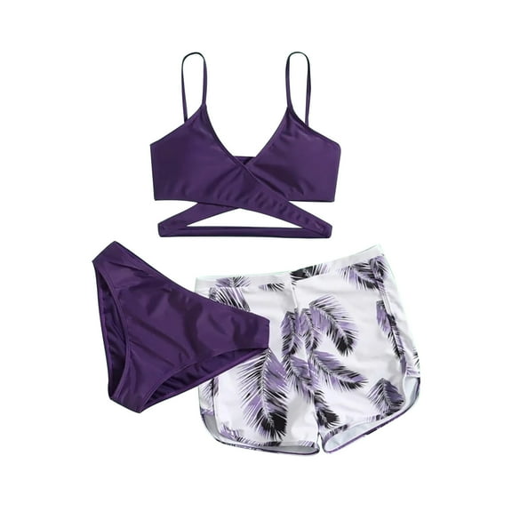 Cethrio High Waisted Bikini- Solid Strap Deep V Sexy Split Set Three-piece Swimming Suit Swimwear Purple