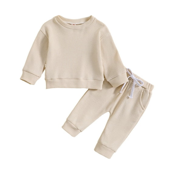 Wavsuf Infant Spring And Fall Outfits Solid Color Long Sleeve Sweatshirt Tops Pants Set Winter Clothes For Boys Girls 0-2 Years Khaki Size 0M