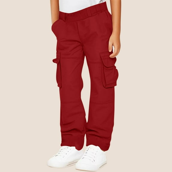 Cethrio Kids Boys Cargo Pants, Athletic Elastic Waist Casual Pants with Pockets Red Size 7-8 T