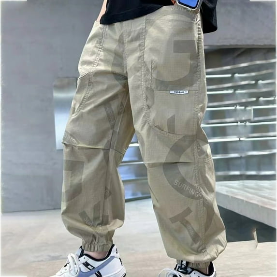 Cethrio Kids Boys Cargo Pants, Elastic Waist Athletic Casual Loose Pants with Pockets Khaki Size 10-12 T