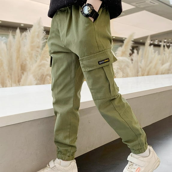 Cethrio Kids Boys Cargo Pants, Elastic Waist Cotton Solid Color Casual Pants with Pockets Army Green Size 12-13 T