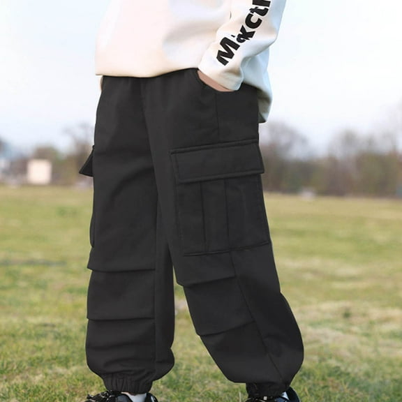 Cethrio Kids Boys Cargo Pants, Elastic Waist Waterproof Athletic Casual Jogger Pants Black Size 13-14 T