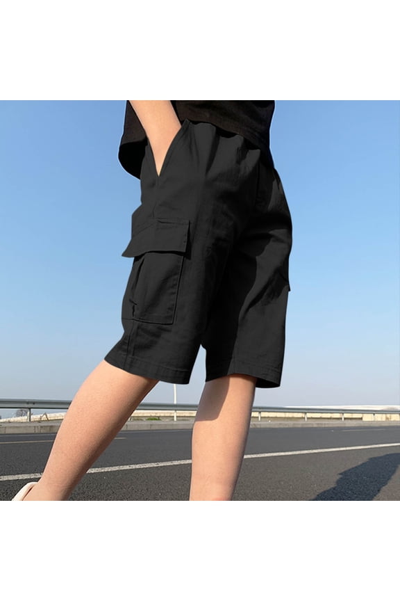 Kids Boys Cargo Shorts, Cotton Summer Elastic Waist Shorts with Pockets Black Size 9-10 T