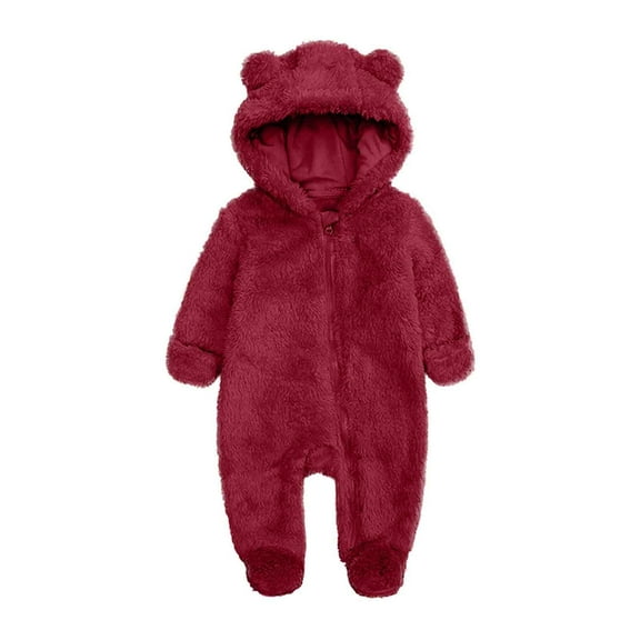 Cethrio Kids Boys Girls Fleece Romper, Warm Hooded One Piece Full Zip Winter Jumpsuit Bodysuits Wine Size 9-12 Months