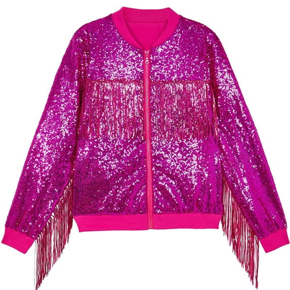 Cethrio Kids Girls Bomber Jackets, Crew Neck Dance Sequin Performance Spring Fall Outerwear Hot Pink Size 3 T