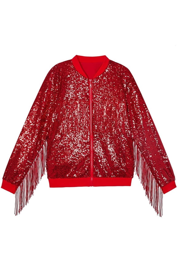 Kids Girls Bomber Jackets, Crew Neck Dance Sequin Performance Spring Fall Outerwear Red Size 7 T
