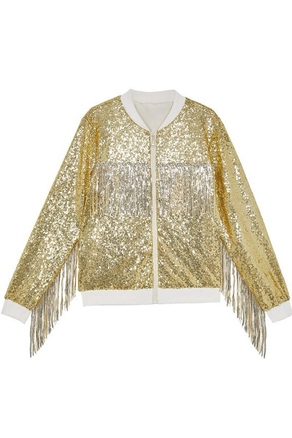 Kids Girls Bomber Jackets, Dance Crew Neck Performance Sequin Spring Fall Outerwear Gold Size 8 T