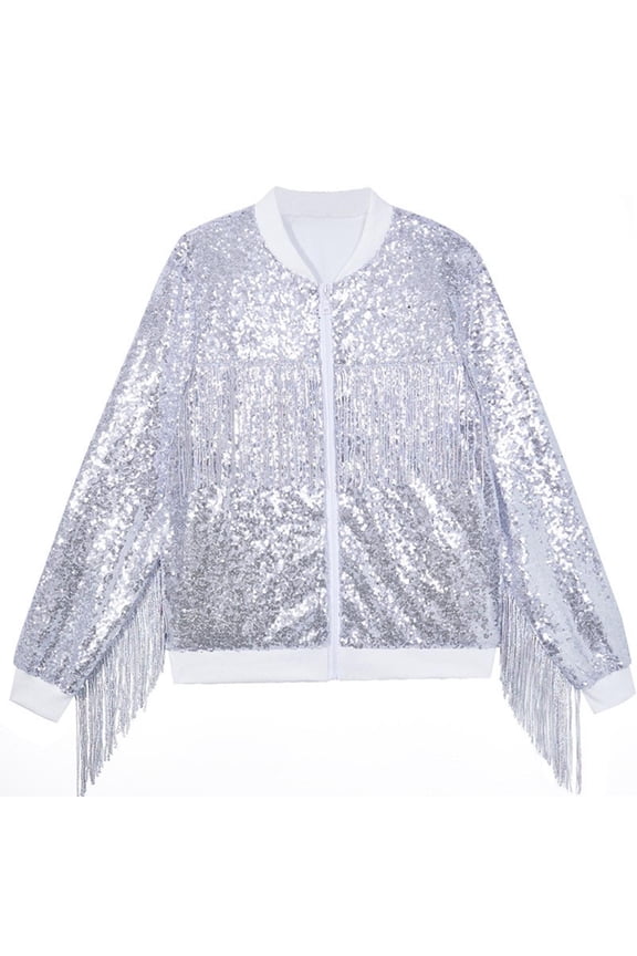 Kids Girls Bomber Jackets, Dance Crew Neck Performance Sequin Spring Fall Outerwear Silver Size 5 T