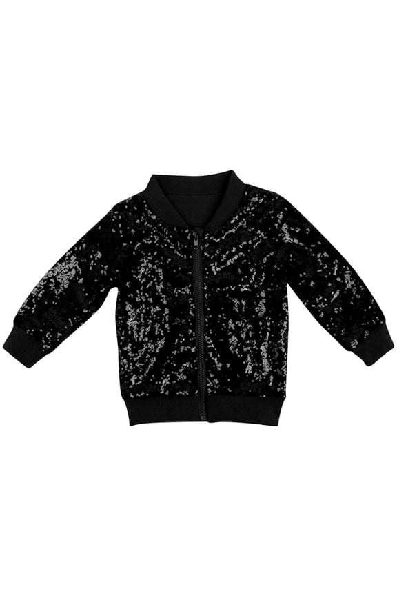 Kids Girls Bomber Jackets, Performance Dance Long Sleeve Sequin Spring Fall Outerwear Black Size 8 T