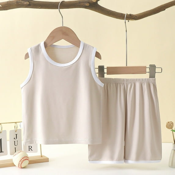 Cethrio Kids Girls Boys Pajama Sets, Crewneck Comfy Casual Sleeveless Sleepwear Sets Beige Size 8-9 T