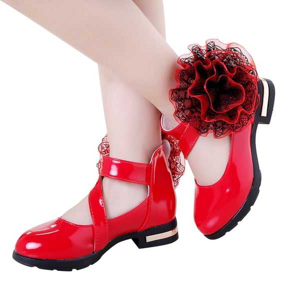 Cethrio Kids Girls Dress Shoes, Gifts School Low Heels Party Uniform Shoes Red Size 3 Big Kids