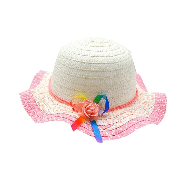 Cethrio Kids Girls Fedora Hats, Breathable Summer Wide Brim Straw Hats Sun Hats Pink Size 3-7 T