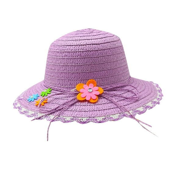 Cethrio Kids Girls Fedora Hats, Cute Summer Wide Brim Straw Hats Sun Hats Purple Size 3-7 T