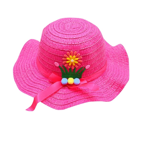 Cethrio Kids Girls Fedora Hats, Summer 2025 Wide Brim Straw Hats Sun Hats Hot Pink Size 3-7 T