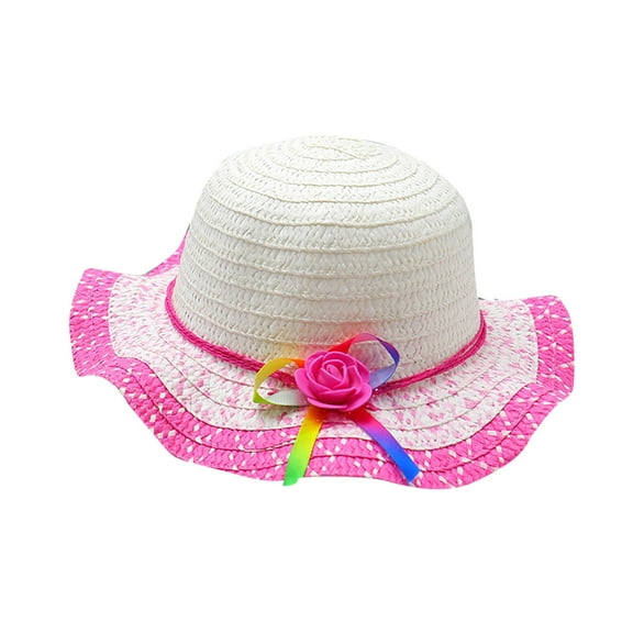 Cethrio Kids Girls Fedora Hats, Summer Breathable Wide Brim Straw Hats Sun Hats Hot Pink Size 3-7 T