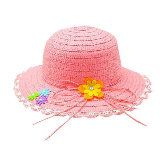 Cethrio Kids Girls Fedora Hats, Summer Cute Wide Brim Straw Hats Sun Hats Pink Size 3-7 T