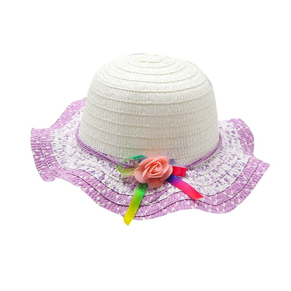 Cethrio Kids Girls Fedora Hats, Wide Brim Breathable Summer Straw Hats Sun Hats Purple Size 3-7 T