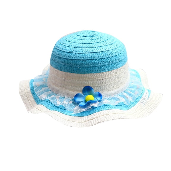 Cethrio Kids Girls Fedora Hats, Wide Brim Holiday Summer Straw Hats Sun Hats Light Blue Size 3-7 T
