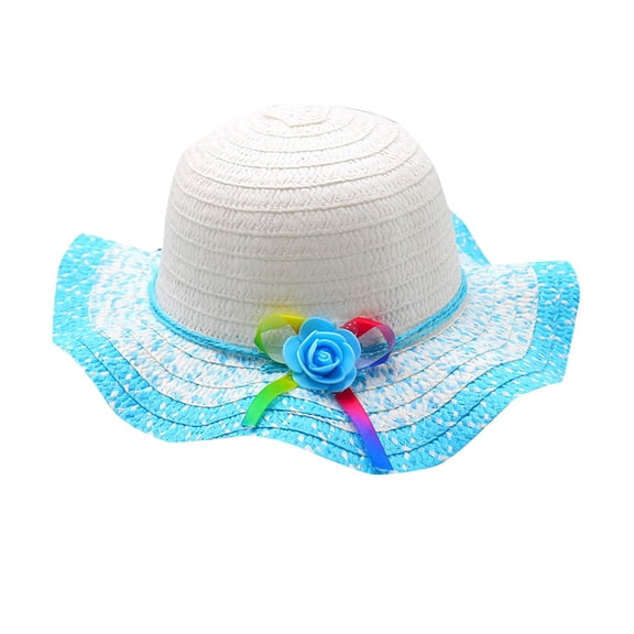 Cethrio Kids Girls Fedora Hats, Wide Brim Summer Breathable Straw Hats Sun Hats Light Blue Size 3-7 T
