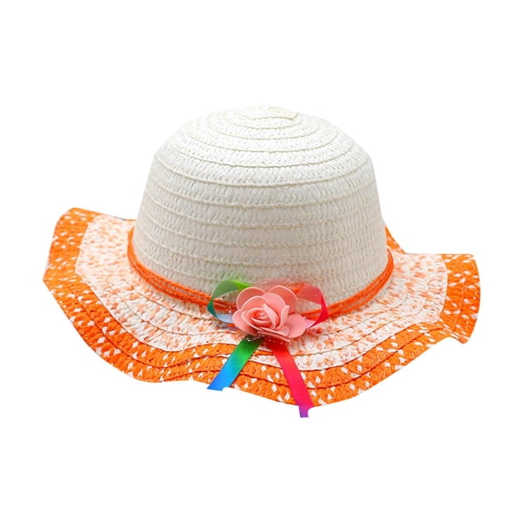 Cethrio Kids Girls Fedora Hats, Wide Brim Summer Breathable Straw Hats Sun Hats Orange Size 3-7 T