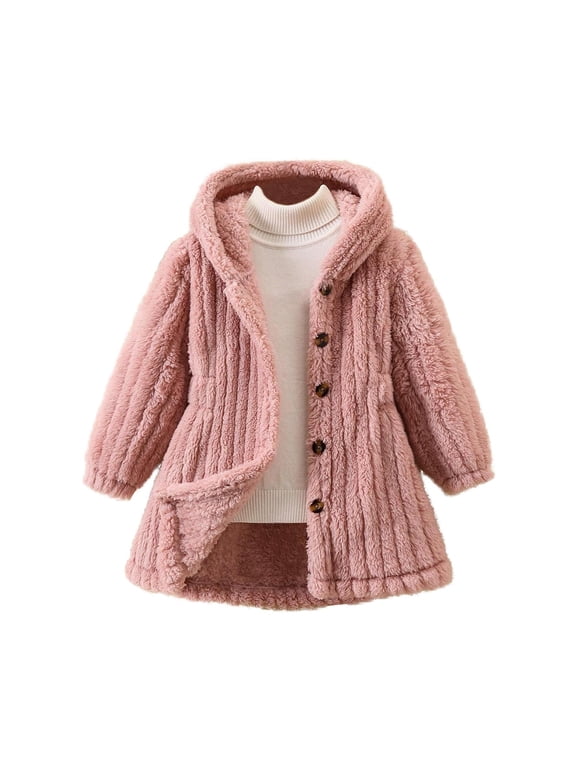 Kids Girls Fleece Jackets, Buttons Warm Mid Length Long Sleeve Winter Outerwear Pink Size 7-8 T