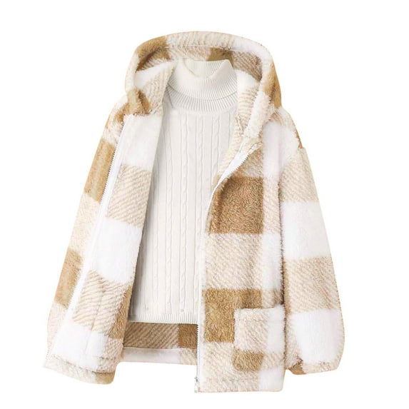 Cethrio Kids Girls Fleece Jackets, Full Zip Plaid Warm Hooded Outwear with Pockets Khaki Size 12-13T