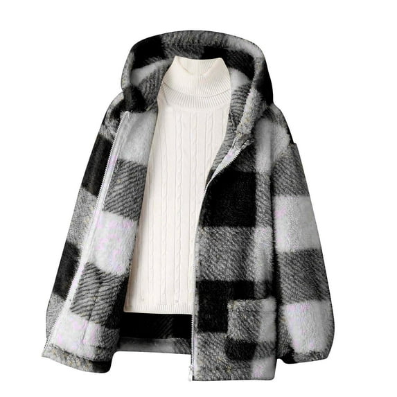 Cethrio Kids Girls Fleece Jackets, Warm Full Zip Plaid Hooded Outwear with Pockets Black Size 13-14T