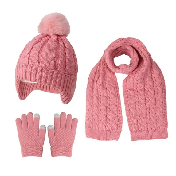 Cethrio Kids Girls Hats, Gloves and Scarves Sets, Stretchy Knitted Thermal Beanies & Mittens & Scarves Sets Pink Size 3-10T