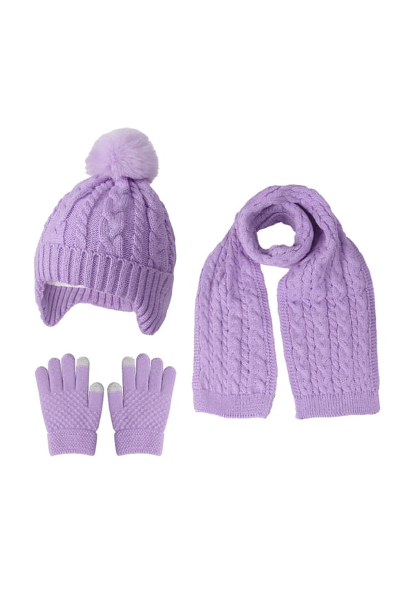 Kids Girls Hats, Gloves and Scarves Sets, Thermal Stretchy Knitted Beanies & Mittens & Scarves Sets Purple Size 3-10T