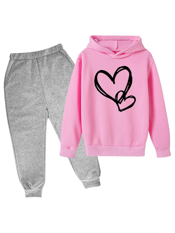 Kids Girls Hoodies & Sweatpants Set, Casual Printed 2 Piece Fall Sweatsuits Pink Size 7-8 T