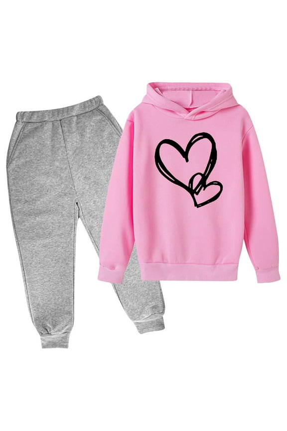 Kids Girls Hoodies & Sweatpants Set, Casual Printed 2 Piece Fall Sweatsuits Pink Size 7-8 T