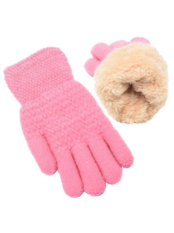 Kids Girls Knitted Gloves, Stretchy Snow School Thermal Winter Mittens Pink Size 6-13 T