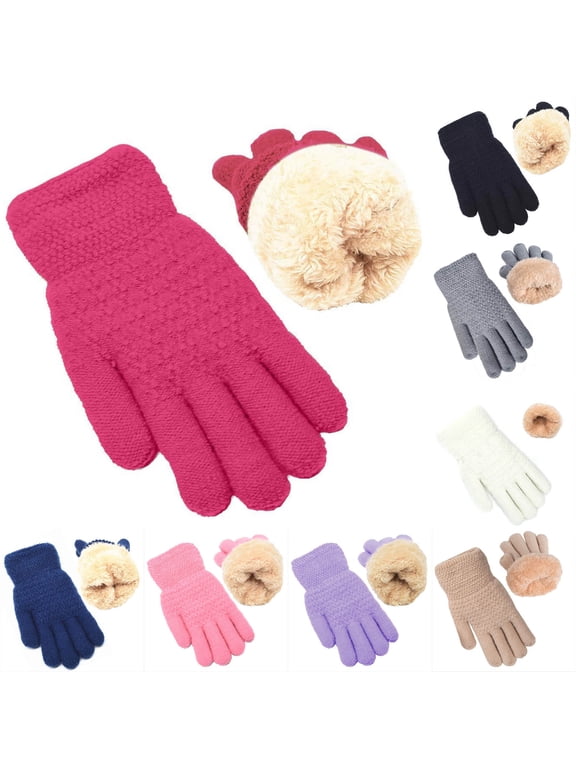 Kids Girls Knitted Gloves, Stretchy Snow Thermal School Winter Mittens Hot Pink Size 6-13 T