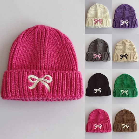 Cethrio Kids Girls Knitted Hats, Thermal Printed Winter Stretchy Kids Beanies Hot Pink Size 0-15T