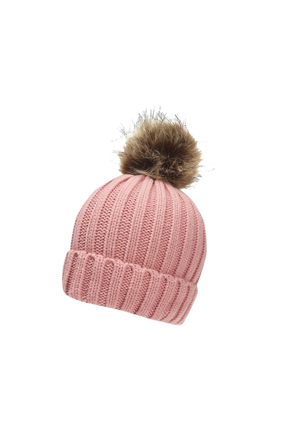 Kids Girls Knitted Hats with Pompom, Thermal Stretchy Soft Winter Winter Beanies Rose Gold Size 4-12T