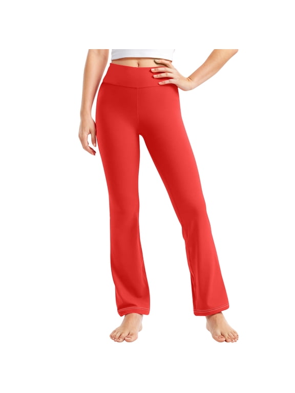 Kids Girls Leggings, Dance Casual Elastic Waist Stretch Flare Pants Red Size 12-13 T