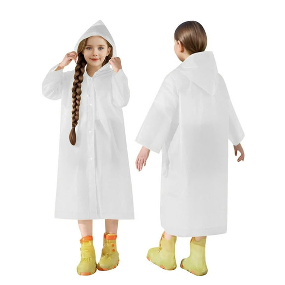 Cethrio Kids Girls' Rain Jackets, Loose Hooded Waterproof Mid-length Kids Raincoat White Size 3-14 T