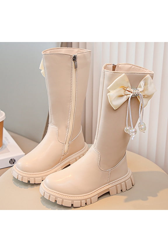 Kids Girls Riding Boots, PU Low Heel Zipper Mid Calf Fall Winter Shoes Beige Size 1.5 Big Kids