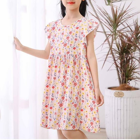 Cethrio Kids Girls Summer Dresses, Cotton Gifts Floral Print Short Sleeve Casual Dresses Pink Size 10-11 T