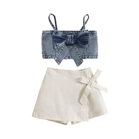 Wavsuf Kids Girls Summer Outfit Solid Color Sleeveless Bow Denim Camisole Top Elastic Casual Skirt Shorts Set 1-5 Years Toddler Clothes Blue Size 4Y