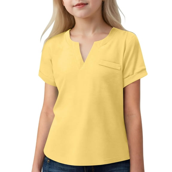 Cethrio Kids Girl's Shirts, Short Sleeve V-Neck Casual Athletic Summer Tops Yellow Size 10-12 T