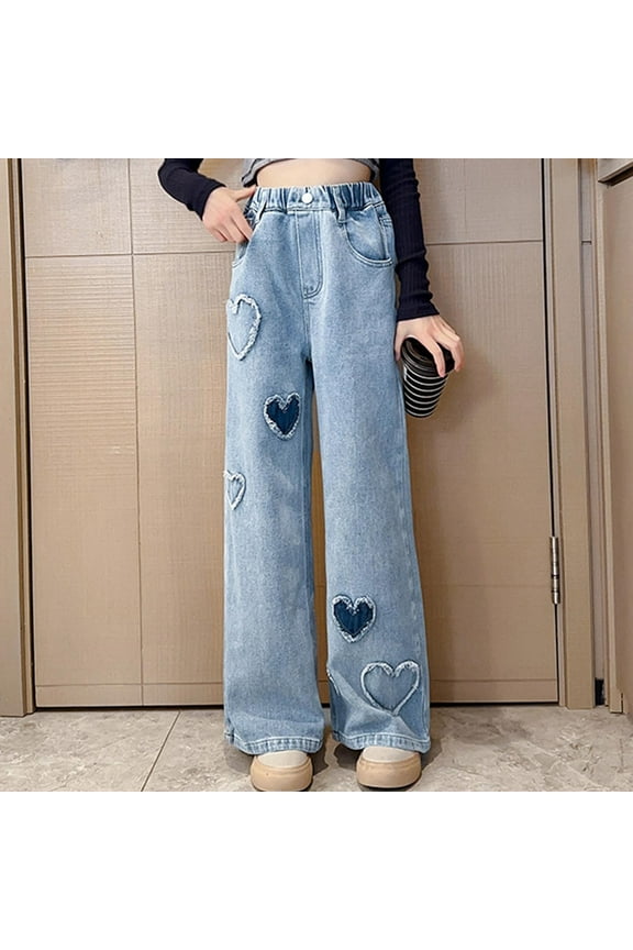 Kids Girls Wide Leg Jeans, Gifts Loose Elastic Waist Denim Pants Blue Size 12-14 T