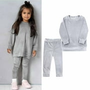 WAVSUF Kids Sets Clothes Girls Comfort Crew Neck Fleece Pants Long Sleeve Gray Outfits Set Size 4-5 Years