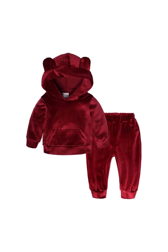 Kids Sets Clothes Long Sleeve Fleece Pants Comfort Wine Two Piece Sets Size 12-18 Months
