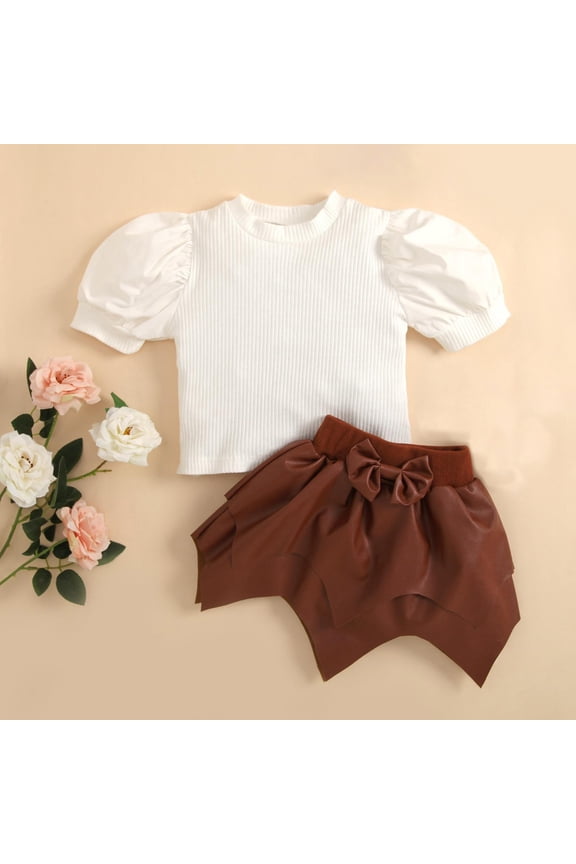 Cethrio Knitted Puff Short-sleeved Top Bow-tie Waist Irregular Leather Skirt Two-piece Set For Girls Brown Size 4Y