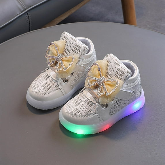 Cethrio Light Up Sneakers for Girls, Breathable Casual Walking Mid Top Athletic Shoes Gold Size 18-24 Months