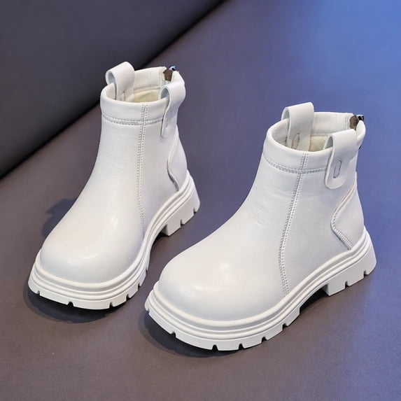 Cethrio Little Girls Ankle Boots, Outdoor Side Zipper Round Toe Soft Sole Fall Winter Shoes White Size 11.5 Little Kids